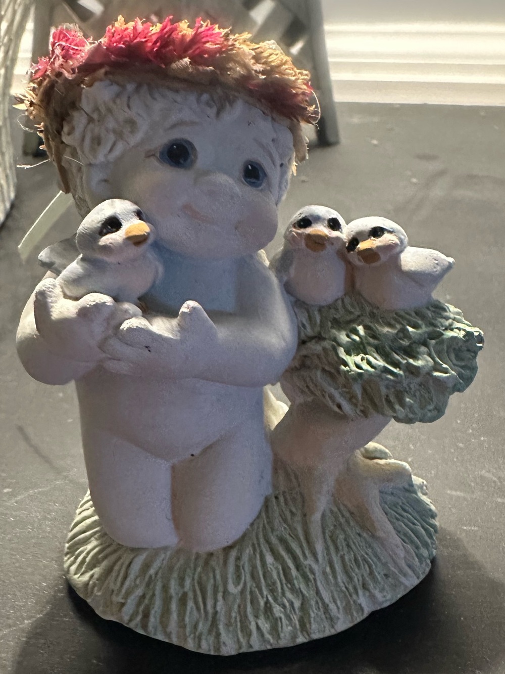 White Angel Figurine with Pink Floral Crown and Birds - Decorative Home Accent